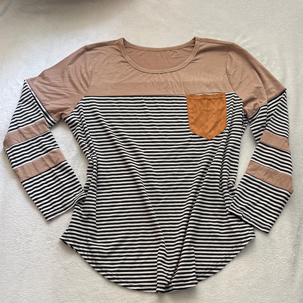 Chic Striped Long Sleeve Top with Tan Accents
